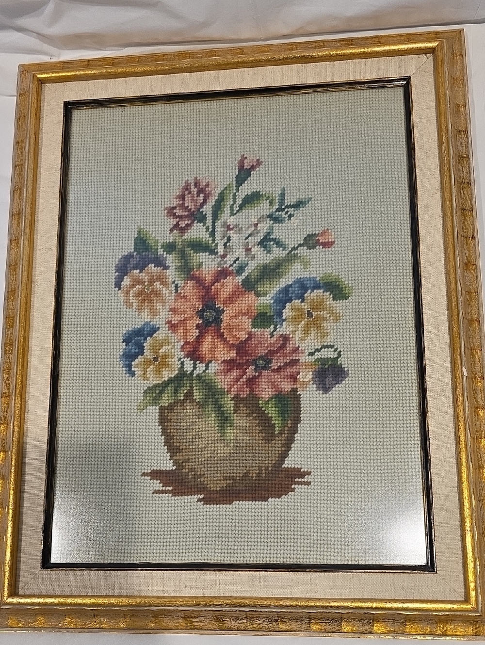 20th Century Floral Still Life Needlepoint Matted And Framed